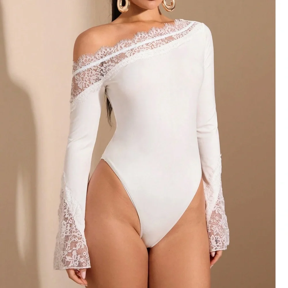 Burgundy Floral Lace One Shoulder Fitted Long Sleeve Bodysuit